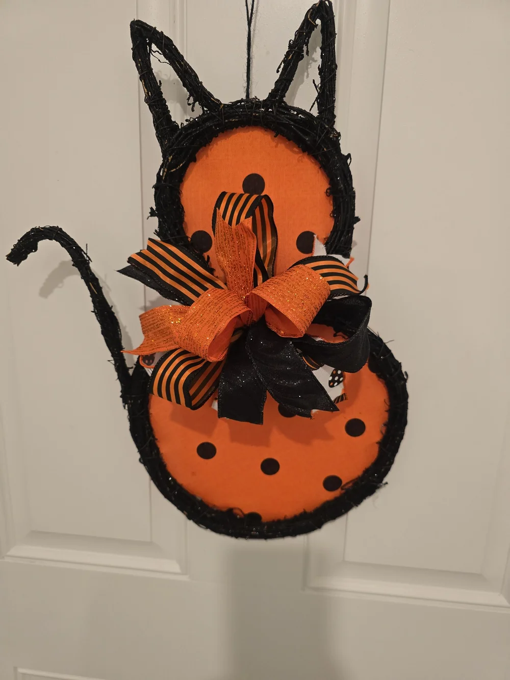 Halloween Black Cat Door Hanger - Orange & Black Polka Dot